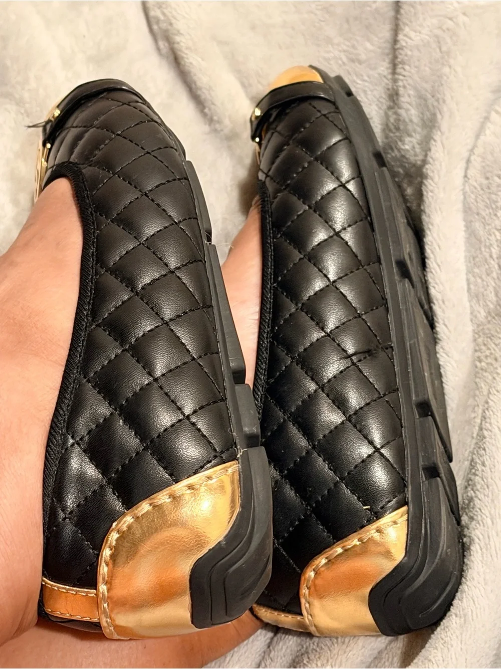 Michael Kors Black Quilted Ballet Flats with Gold Toe Caps